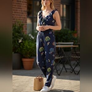 LOFT Blue Floral Jumpsuit with V-Neckline
